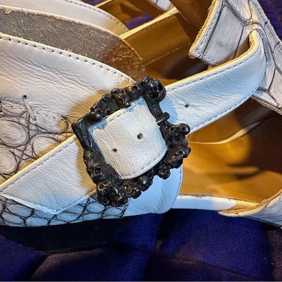 Fluevog Truth Alisha T-Strap Heel with Skull Buckle in White Croc 🤍🖤 - Picture 5 of 11